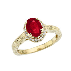 Yellow Gold Art Deco Halo Diamond With Ruby(LCR) Engagement/Proposal Ring