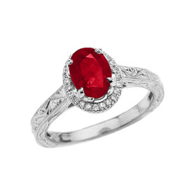 White Gold Art Deco Halo Diamond With Ruby(LCR) Engagement/Proposal Ring