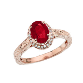 Rose Gold Art Deco Halo Diamond With Ruby(LCR) Engagement/Proposal Ring