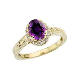 Yellow Gold Art Deco Halo Diamond With Amethyst Engagement/Proposal Ring