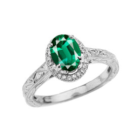White Gold Art Deco Halo Diamond With Emerald(LCE) Engagement/Proposal Ring