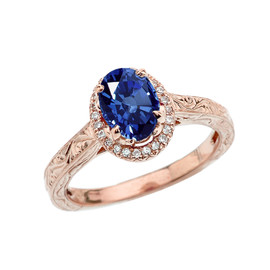 Rose Gold Art Deco Halo Diamond With Sapphire(LCS) Engagement/Proposal Ring