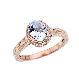 Rose Gold Art Deco Halo Diamond With Aquamarine Engagement/Proposal Ring