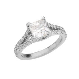 White Gold Diamond Double Raw Princess Cut Proposal/Engagement Ring With Cubic Zirconia Center Stone