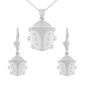 Sterlign Silver Lucky Ladybug Pendant Necklace Earring Set