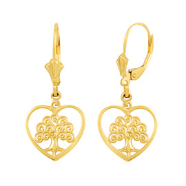 14K Yellow Gold Tree of Life Open Heart Filigree Earring Set