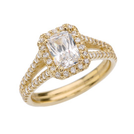 Yellow Gold Diamond Emerald Cut Halo Bridal Rings