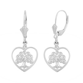 14K White Gold Tree of Life Open Heart Filigree Earring Set