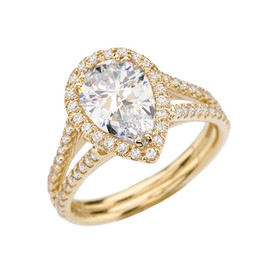 Yellow Gold Halo Pear Shape Total 4 ct Bridal Ring