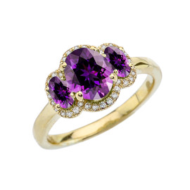 Yellow Gold Tree Stone Halo Diamond Proposal Ring With February Birthstone