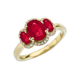 Yellow Gold Tree Stone Halo Diamond Proposal Ring With Red Cubic Zirconia