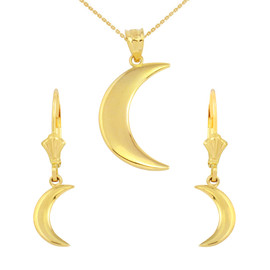 14K Yellow Gold Crescent Moon Pendant Necklace Earring Set