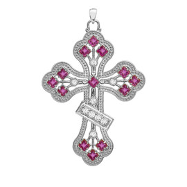 White Gold Fancy Cross Diamond Pendant Necklace With Gemstone