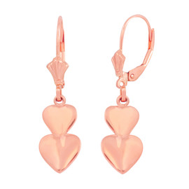 14K Rose Solid Gold Two Stacked Hearts Love Earring Set