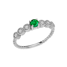 Diamond and Emerald(LCE) White Gold Stackable/Promise Beaded Popcorn Collection Ring