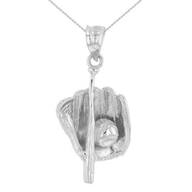 White Gold Baseball Bat and Glove Pendant Necklace