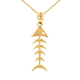 Yellow Gold Fish Bone Skeleton Pendant Necklace