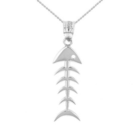 White Gold Fish Bone Skeleton Pendant Necklace