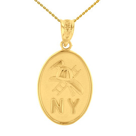 Yellow Gold New York Firefighter Oval Medallion Pendant Necklace