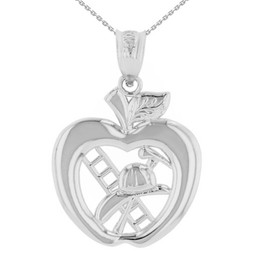 White Gold New York Fire Department Big Apple Firefighter Pendant Necklace