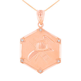 Rose Gold  Firefighter Hexagon Diamond Pendant Necklace