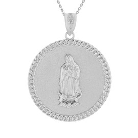 Solid White Gold Cuban Link Framed Virgen de Guadalupe Circle Medallion Pendant Necklace (1.18")