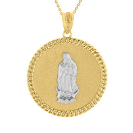 Two Tone Solid Yellow Gold Cuban Link Framed Virgen de Guadalupe Circle Medallion Pendant Necklace (1.18")