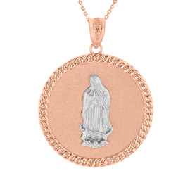Two Tone Solid Rose Gold Cuban Link Framed Virgen de Guadalupe Circle Medallion Pendant Necklace (1.18")