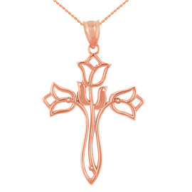 Solid Rose Gold Floral Tulip Cross Filigree Pendant Necklace