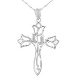 Solid White Gold Floral Tulip Cross Filigree Pendant Necklace