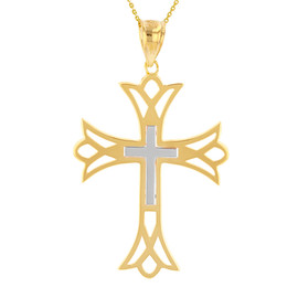 Two Tone Solid Yellow & White Gold Layered Cutout Cross Pendant Necklace  (1.82")