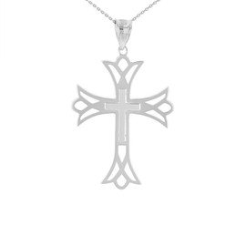 Solid White Gold Layered Cutout Cross Pendant Necklace  ( 1.27")