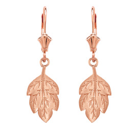 14K Solid Rose Gold Matte Detailed Textured Leaf Drop Earring Set