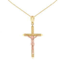 Two Tone Solid Rose and Yellow Gold Passion Cross Crucifix Pendant Necklace 1.23" ( 31 mm )