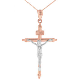 Two Tone Solid Rose Gold INRI Christ Passion Cross Crucifix Pendant Necklace 1.4"  (36 mm)