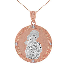 Two Tone Solid Rose Gold Saint Joseph Diamond Medallion Pendant Necklace  1.15" ( 29 mm)