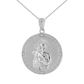 Sterling Silver Saint Joseph CZ Medallion Pendant Necklace  1.04" ( 26 mm)