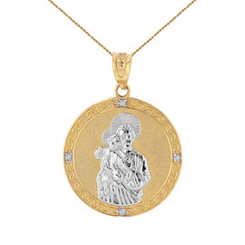 Two Tone Solid Yellow Gold Saint Joseph Diamond Medallion Pendant Necklace  1.04" ( 26 mm)