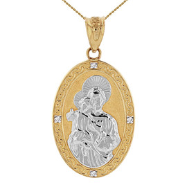 Two Tone Solid Yellow Gold Saint Joseph Diamond Oval Medallion Pendant Necklace 1.16" (29 mm)