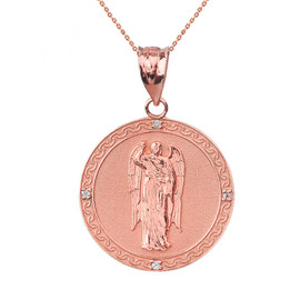 Solid Rose Gold Archangel Saint Gabriel Diamond Medallion Pendant Necklace   1.15" ( 29 mm)