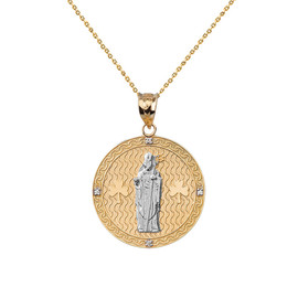 Two Tone Solid Yellow Gold Saint Patrick Shamrock Diamond Medallion Pendant Necklace 1.05" (26 mm)