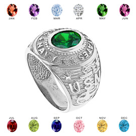 Solid White Gold United States Navy Men's CZ Birthstone Ring