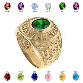 Solid Yellow Gold United States Navy Men's CZ Birthstone Ring