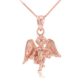 Solid Rose Gold Guardian Angel Pendant Necklace