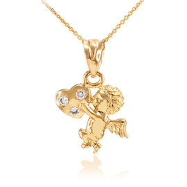 Gold CZ Studded Angel Cherub Charm Pendant Necklace
