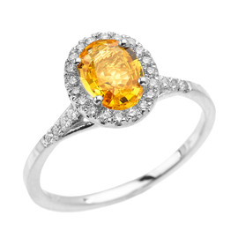 White Gold Halo Solitaire Yellow Sapphire and Diamond Proposal Ring