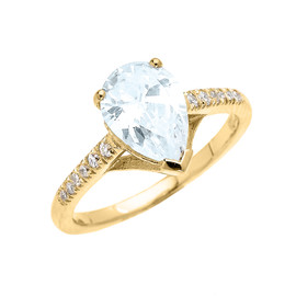 Yellow Gold Dainty Pear Shape Aquamarine and Diamond Solitaire Proposal Ring