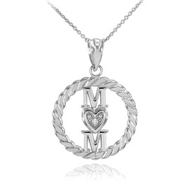 White Gold Roped Circle Mom Love Heart with Diamond Pendant Necklace
