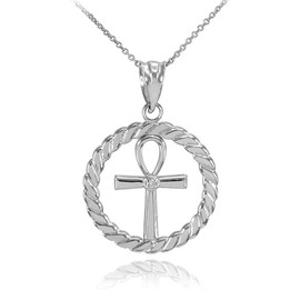 White Gold Roped Circle Egyptian Ankh Cross with Diamond Pendant Necklace