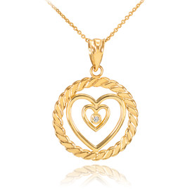 Gold Roped Circle Double Heart with Diamond Pendant Necklace